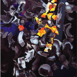 Abstract painting with a black background, with areas of color throughout.